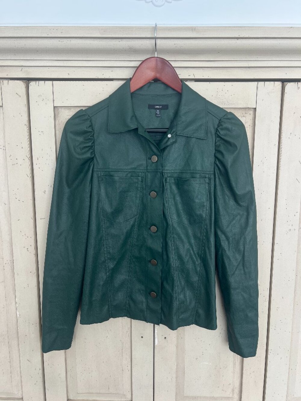 Drew Vegan Leather Puff Sleeve Trucker Jacket Forest Green Made in USA XS